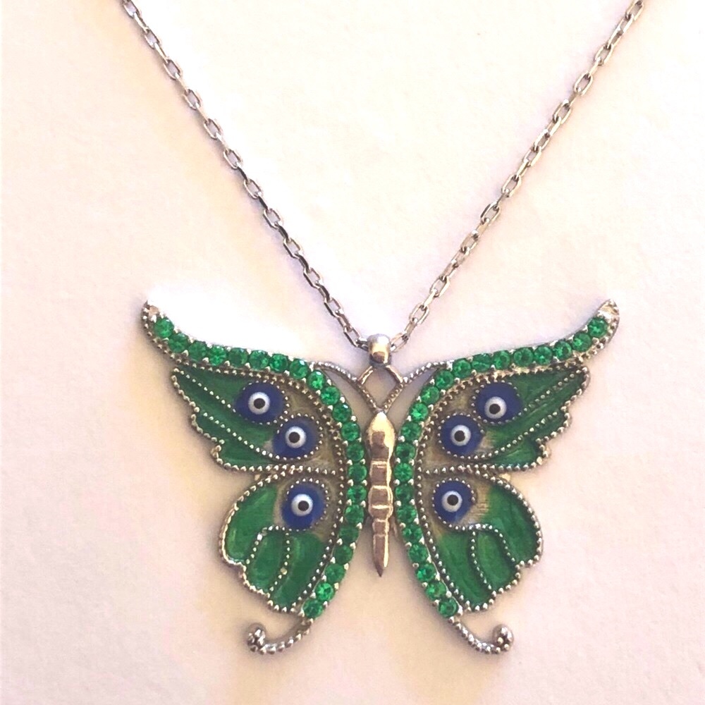 Green butterfly 925 silver necklace evileye